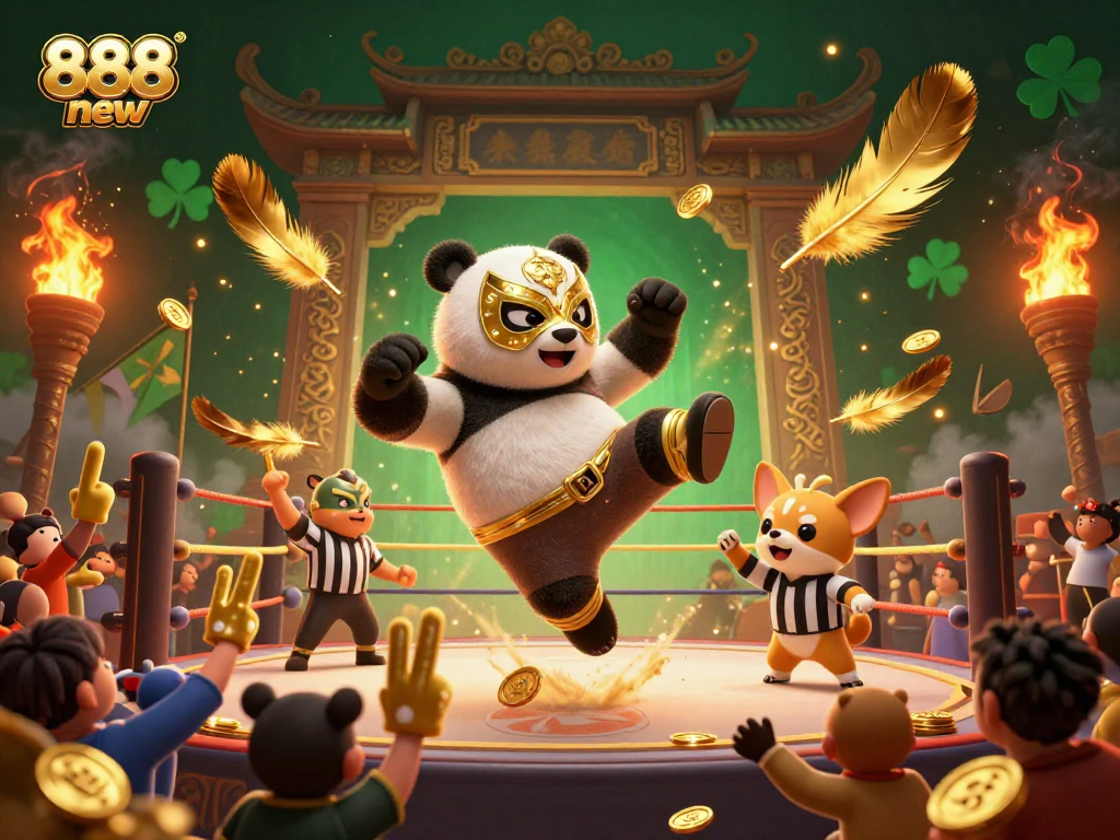 Engage in thrilling action with 888 new featuring a wrestler panda in an energetic gambling scene.