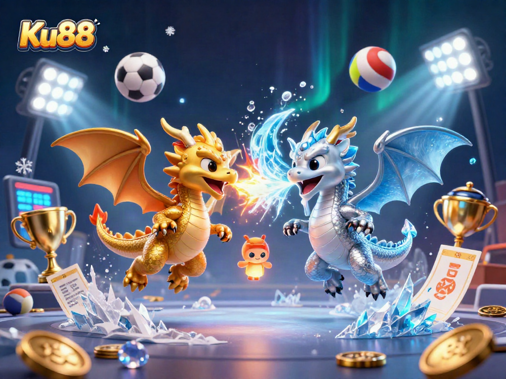 Experience thrilling betting adventures with Ku88, featuring animated dragons and dynamic sports elements.