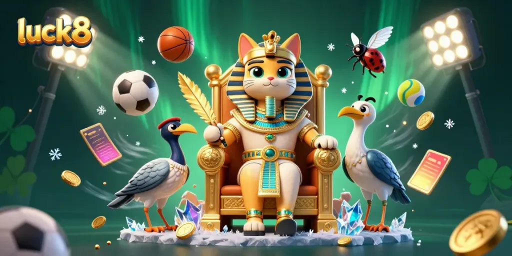 Experience the thrill of luck8 with vibrant 3D Egyptian casino characters celebrating winning sports bets in this lively illustration.