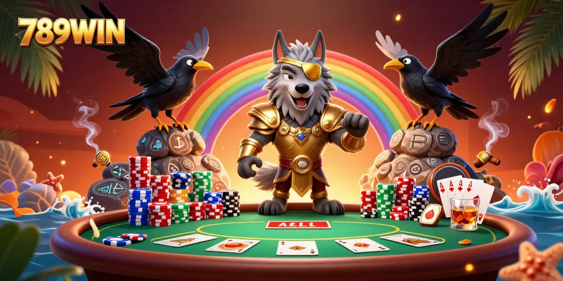 Engage with 789WIN's thrilling gaming scene featuring Odin and ravens among colorful casino elements.