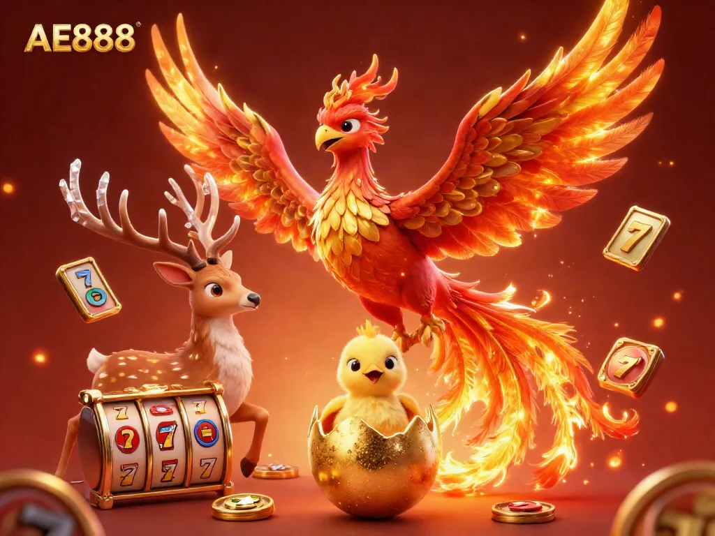 Experience the thrill of AE888 with an eye-catching 3D illustration of a phoenix and casino elements.