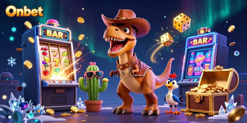 Onbet's thrilling jackpot scene with colorful symbols and dynamic characters in a vibrant casino setting
