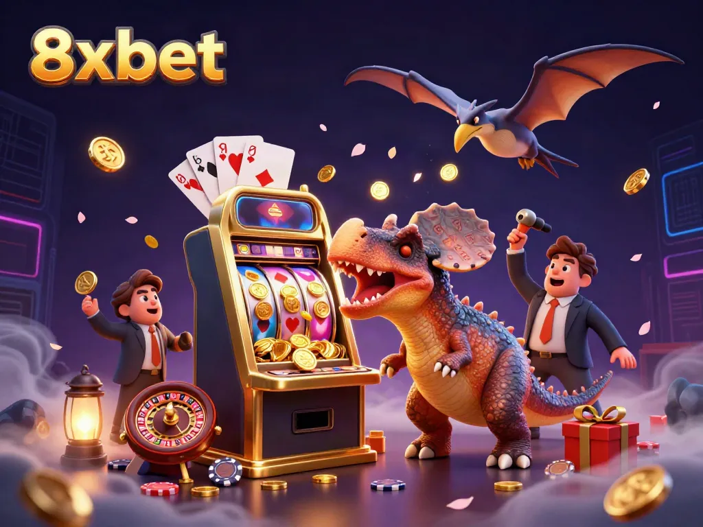 Experience the thrill of 8xbet with a pachycephalosaurus winning jackpots amidst a vibrant casino scene.