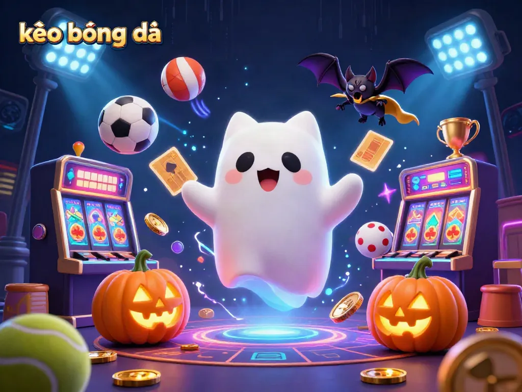 Engage in exciting kèo bóng đá with a whimsical illustration of a ghost cat and bat in a haunted casino ambiance.