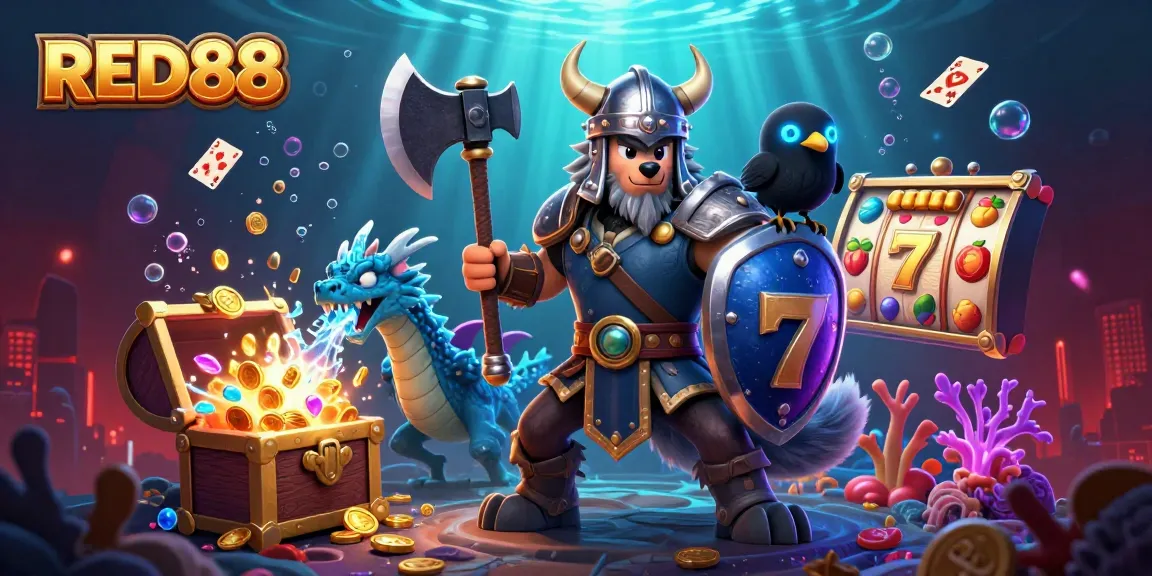 Engage with thrilling RED88 casino excitement featuring Viking warrior, dragon, and vibrant symbols.