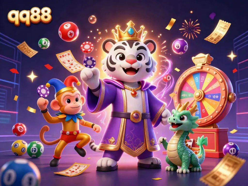 Experience the thrilling world of qq88 with our vibrant casino-themed illustration showcasing dynamic characters and gambling elements.