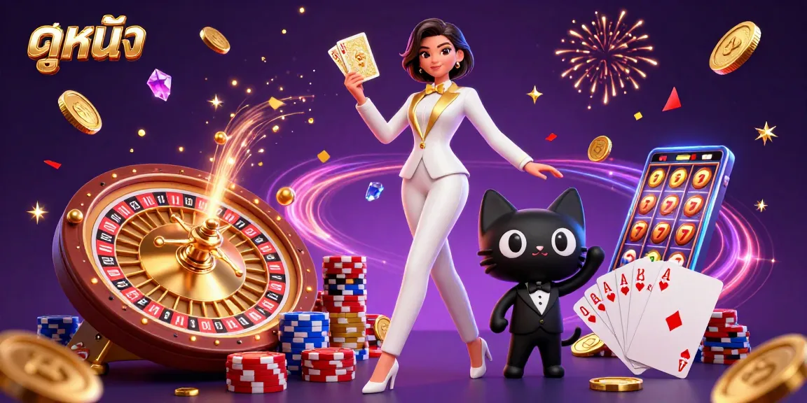 Play ดูหนัง with engaging action and vibrant casino elements featuring a glamorous woman and a tuxedo cat.