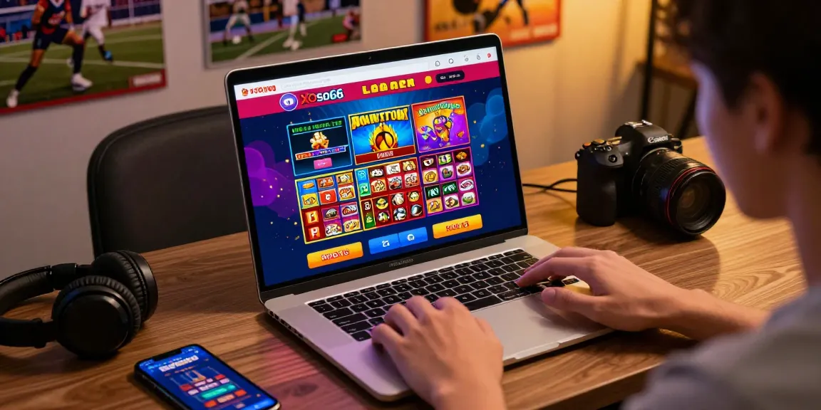 Xoso66 user enjoying online lottery and gaming experience on a stylish laptop.