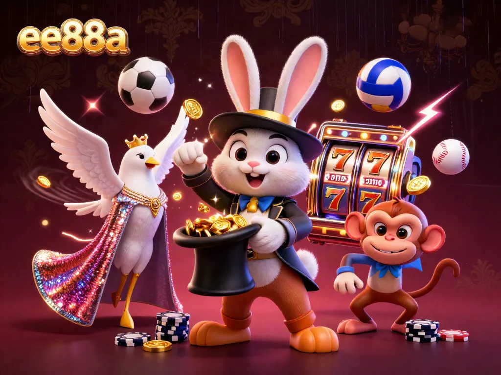 Win big with ee88a featuring a cartoon magician pulling coins from a hat in a vibrant casino scene.