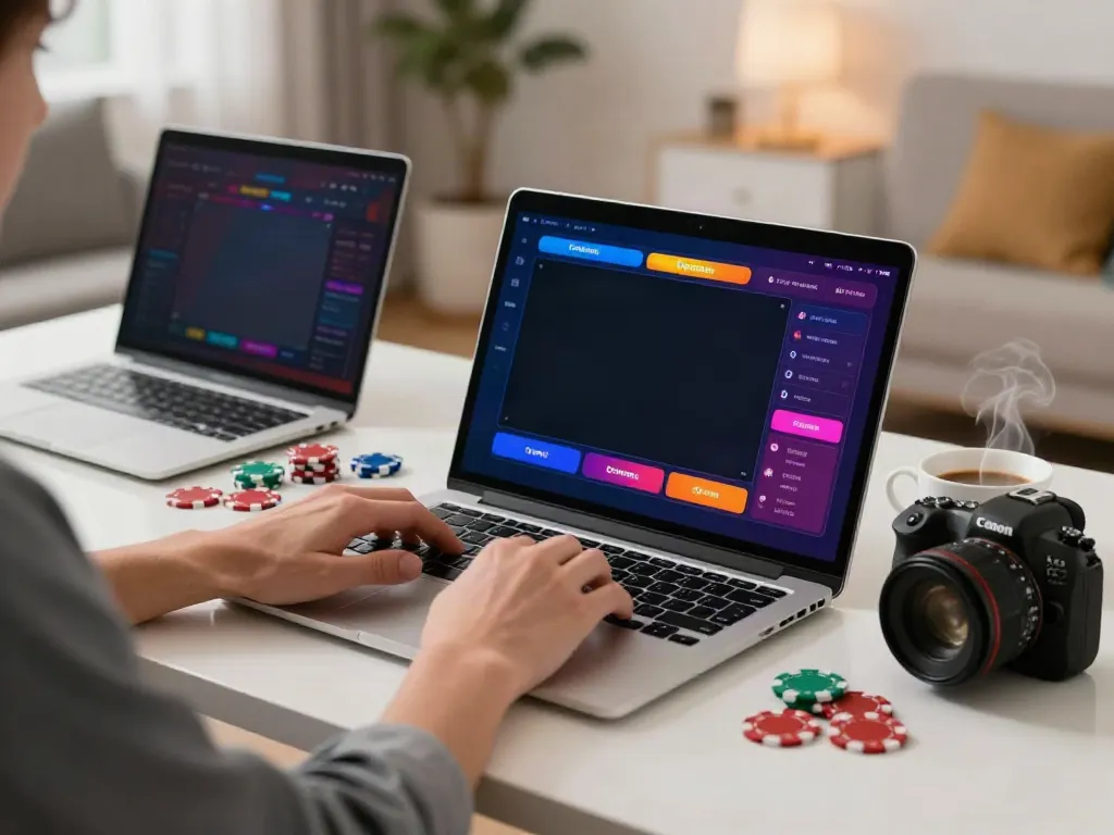 Engaging scene of a person exploring non GamStop casinos on a laptop in a cozy home environment.