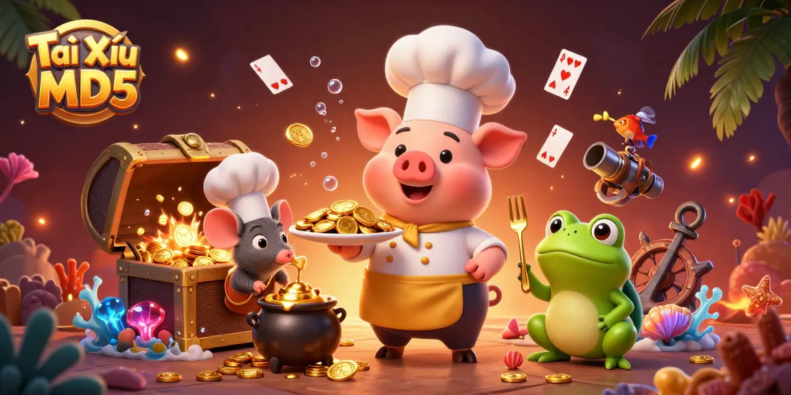 Experience the excitement of Tài Xỉu MD5 with our vibrant, engaging illustration featuring culinary characters and gold treasures.