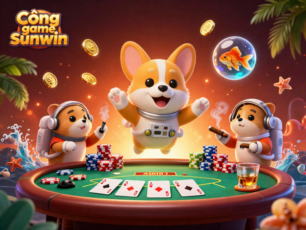 Cổng game sunwin presents an exciting scene with characters enjoying a space casino experience filled with poker chips and floating coins.