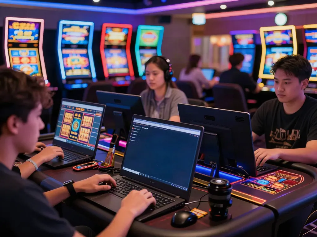 Players enjoying non GamStop casinos on laptops and smartphones in an immersive virtual gaming environment.