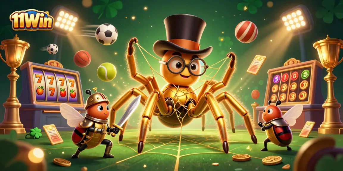 11Win showcases a vibrant scene of casino fun with characters and dynamic gaming elements.
