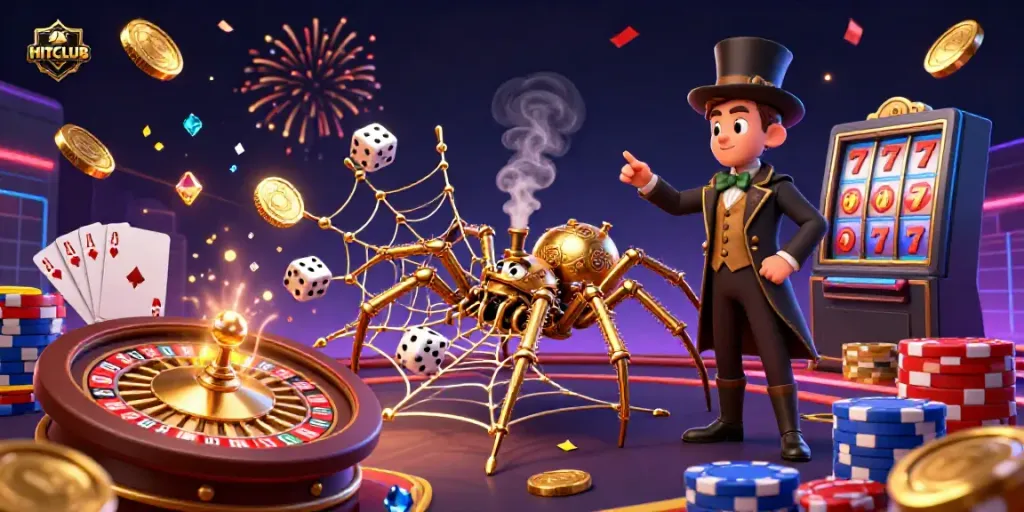 Experience the thrill of HITCLUB with a 3D golden spider and Victorian fly gentleman amidst casino excitement.