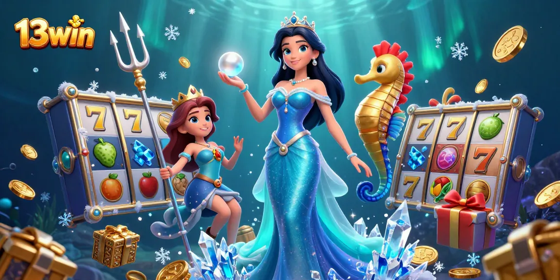 Engage with 13win's underwater casino, featuring slot reels and a captivating seahorse king.