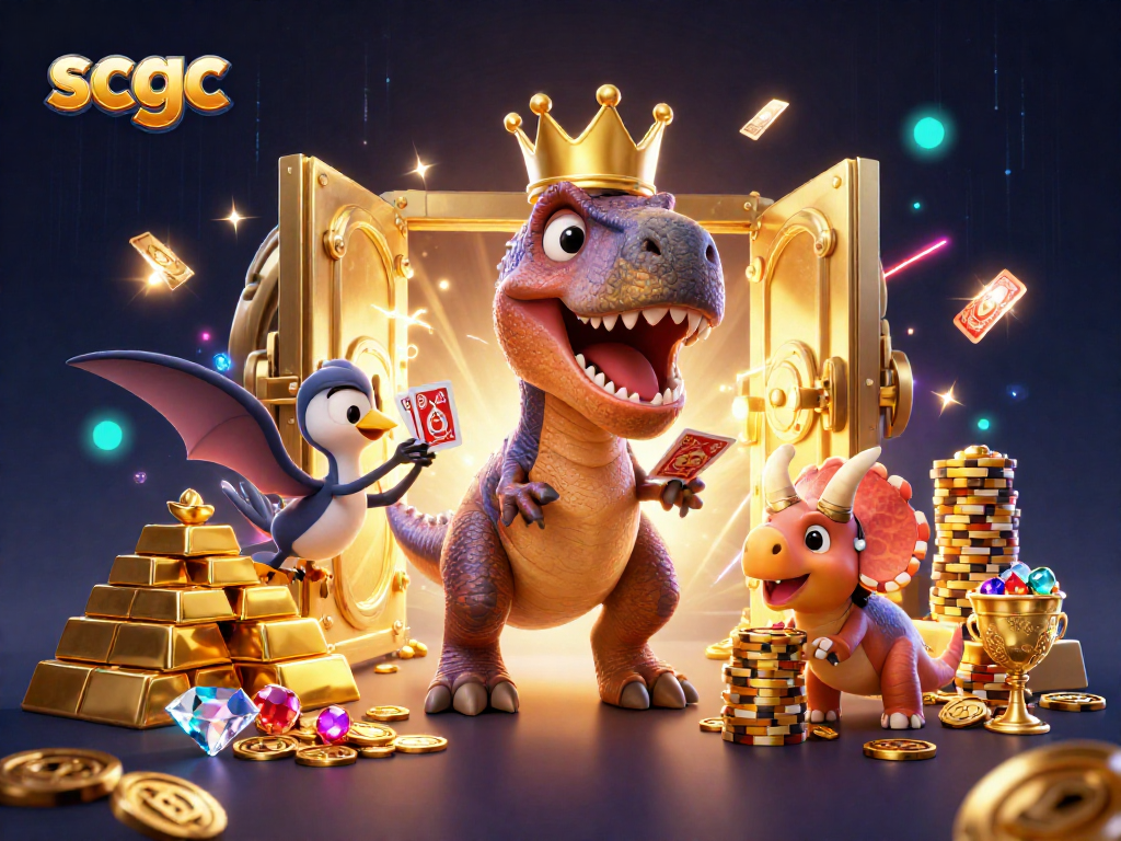 Experience the vibrant scgc-themed casino scene featuring a T-Rex card dealer and a colorful array of treasures.