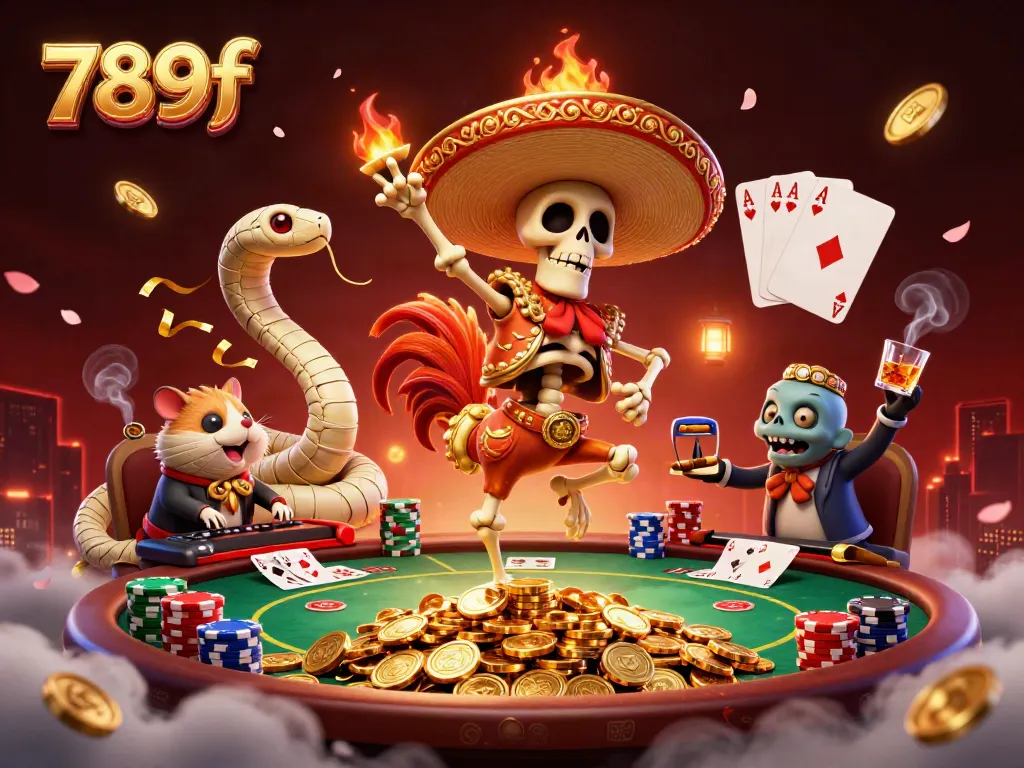 Experience the vibrant 789f casino game scene with a skeleton rooster celebrating in a dynamic atmosphere.
