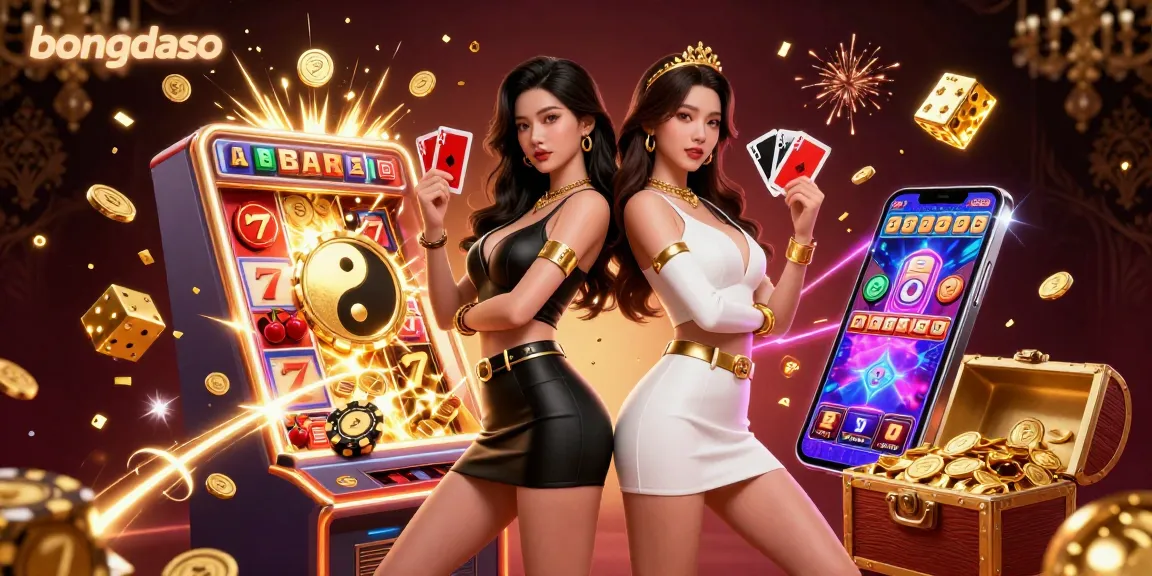 Bongdaso showcases a vibrant scene with twin Asian women holding playing cards amid a dynamic casino explosion.