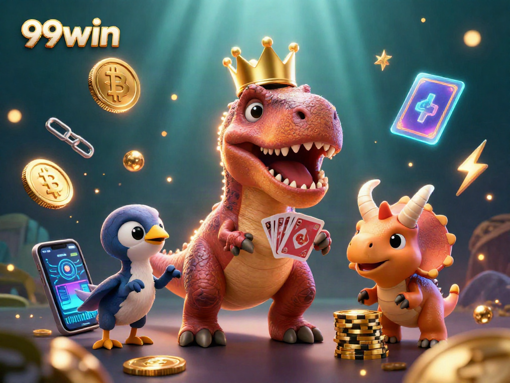 Experience 99win excitement with a T-Rex shuffling cards and playful casino elements.