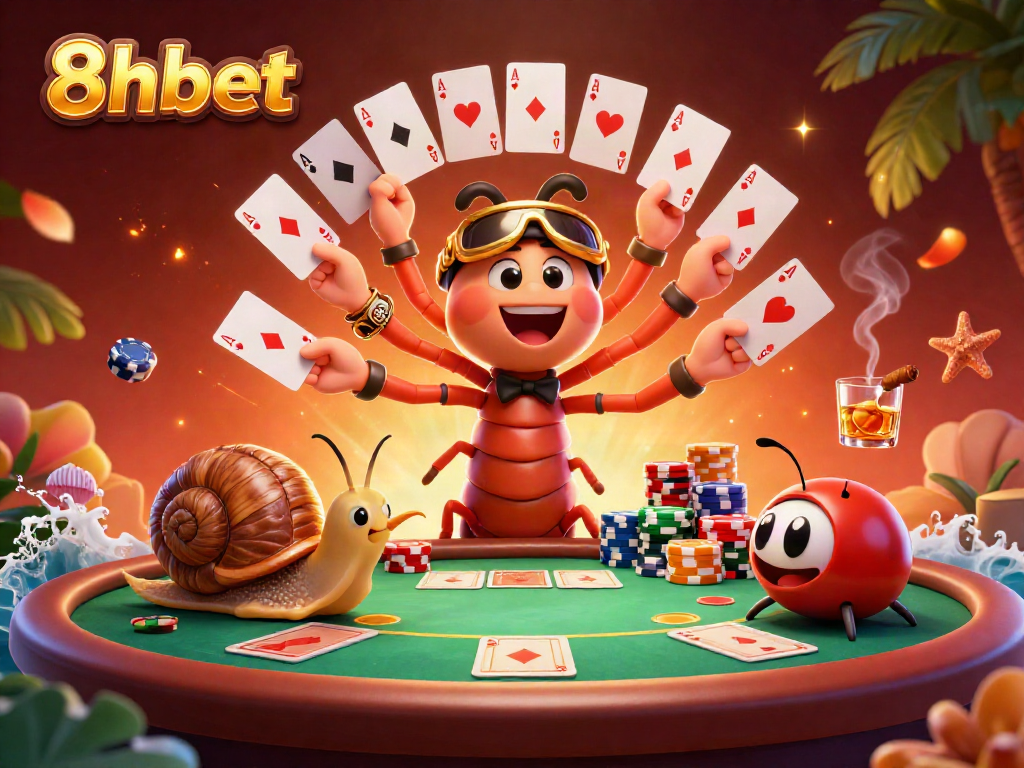 Experience thrilling casino action with 8xbet as a cartoon dealer showcases cards and chips.