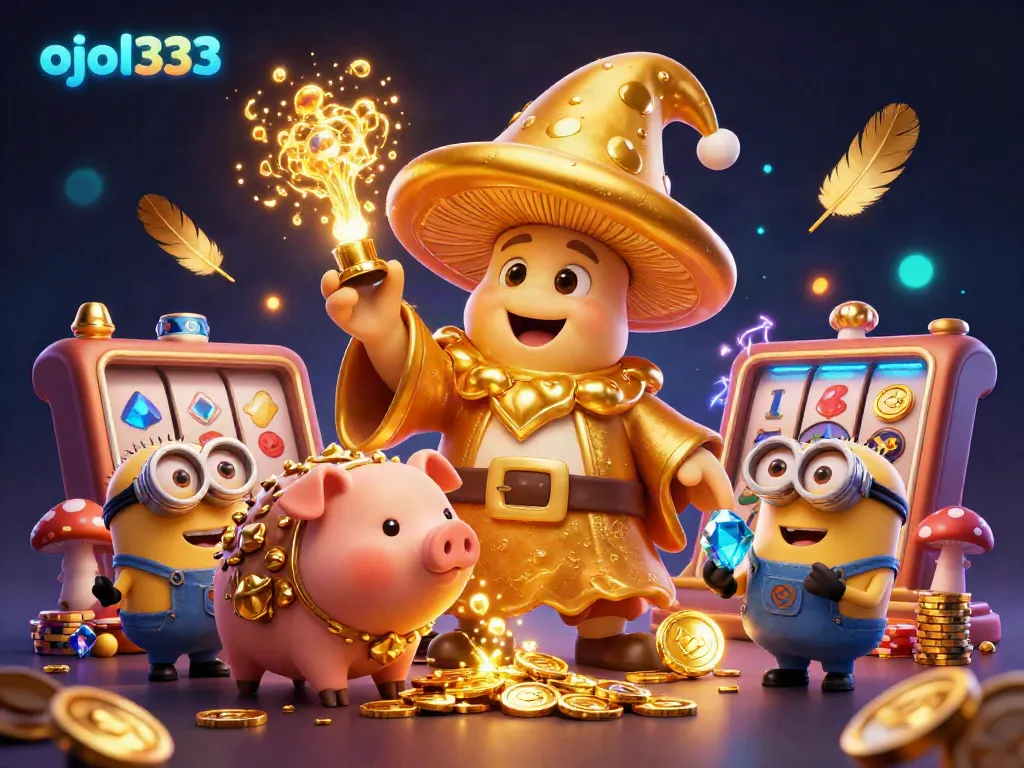 Experience the fantastic world of ojol333 with a golden mushroom wizard and treasure-hunting pig in a lively casino setting.