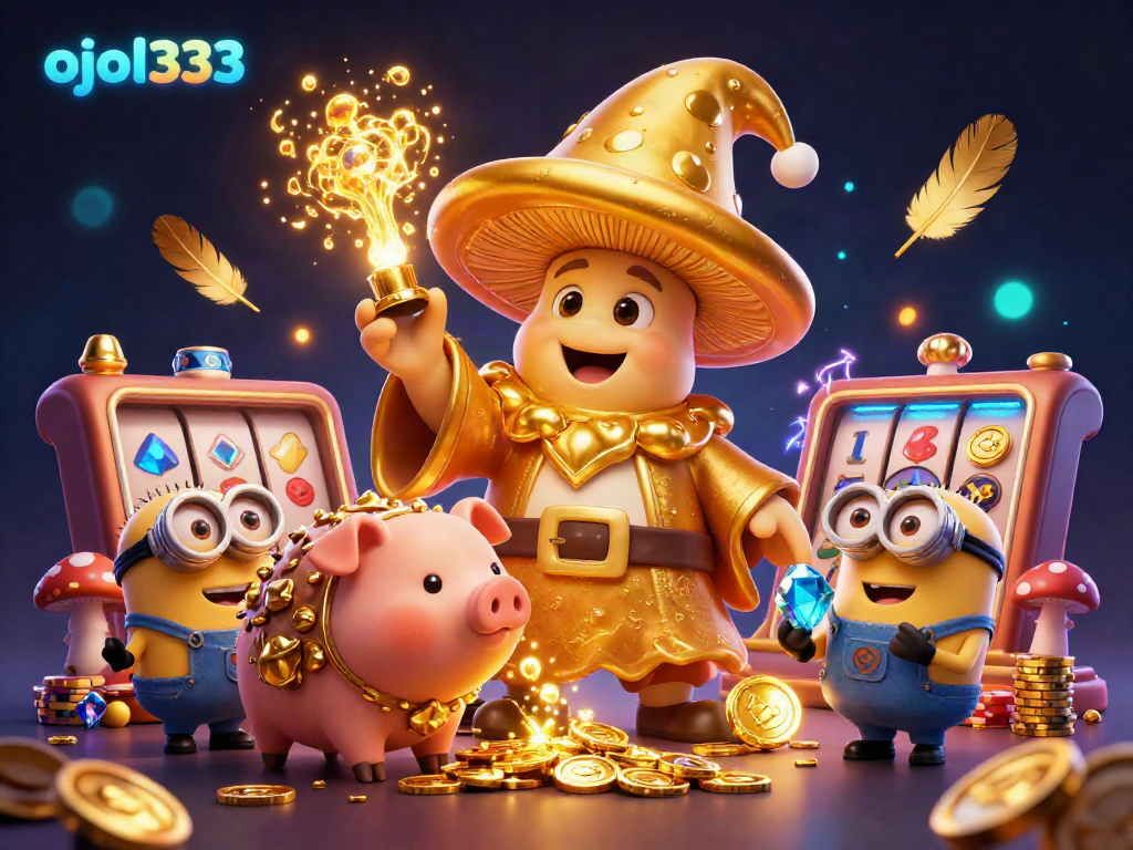 Experience the fantastic world of ojol333 with a golden mushroom wizard and treasure-hunting pig in a lively casino setting.