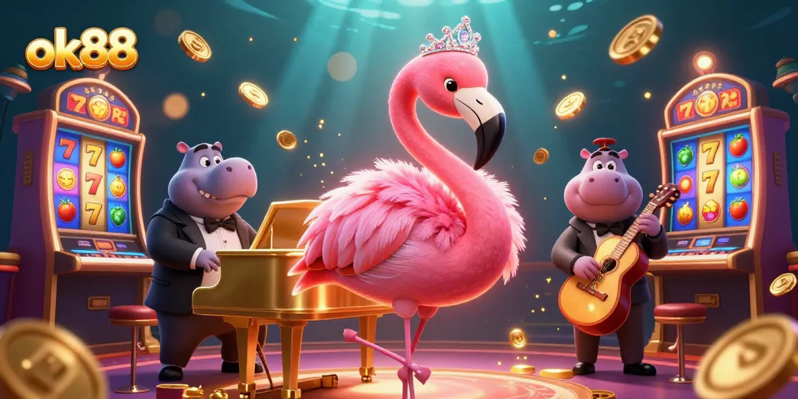 Experience ok88 with dynamic slot reels and colorful characters in a vibrant casino scene.