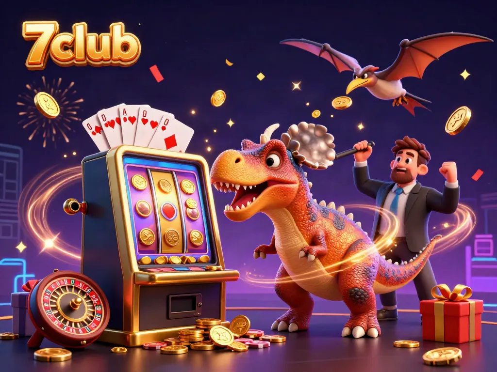 Engage in thrilling 7club experiences with vibrant casino scene depicting dynamic characters and slot action.