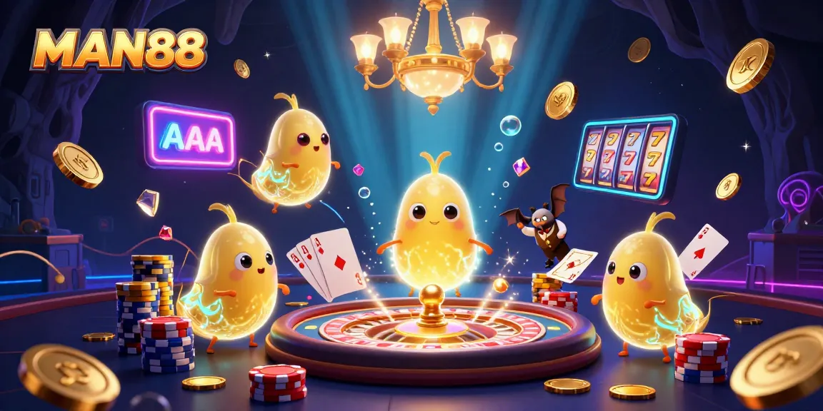 Win at MAN88 with a vivid scene of glowworms lighting a vibrant casino atmosphere, complete with dynamic game elements.