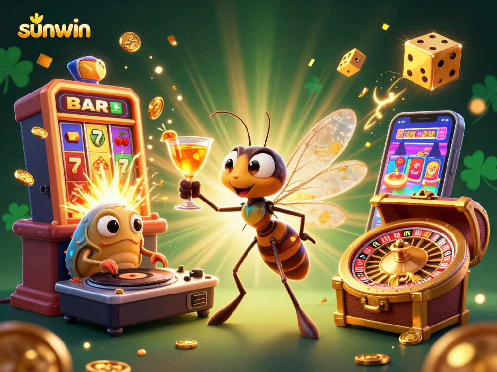 Engage with sunwin's vibrant casino scene showcasing a mascot and a DJ amidst a jackpot spectacle.