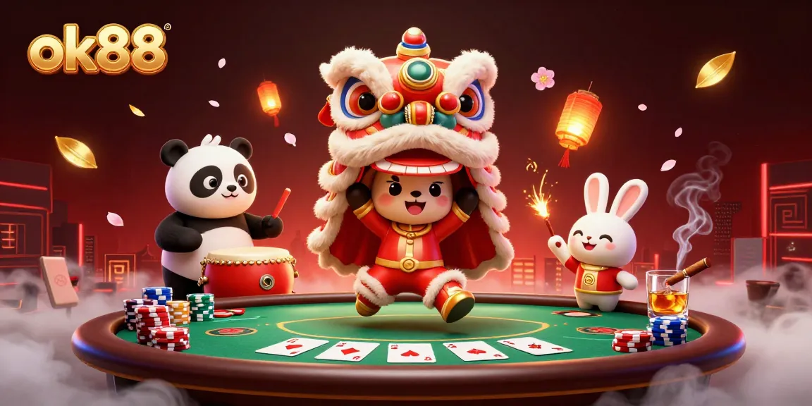 Engage with ok88 at a vibrant casino scene featuring a lion dance, poker elements, and festive decorations.