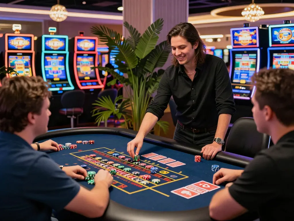 Exciting scene of players enjoying non GamStop casinos with a friendly dealer at a vibrant roulette table.