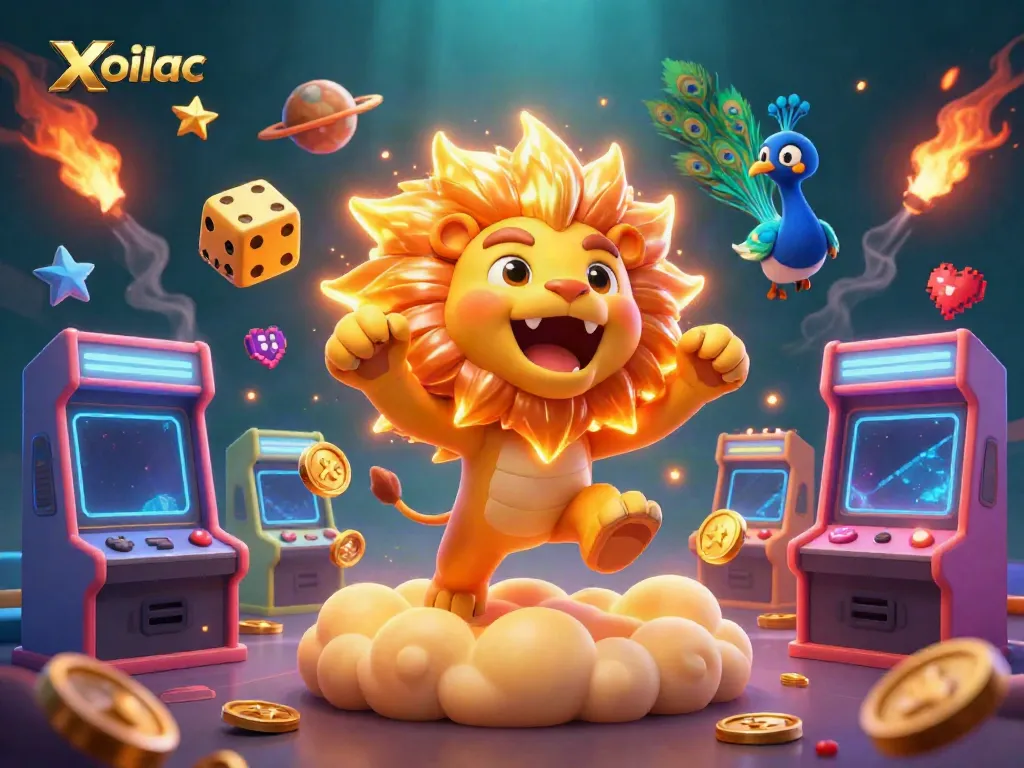 Xoilac brings viewers the excitement of gaming with a 3D lion character amidst colorful arcade elements.