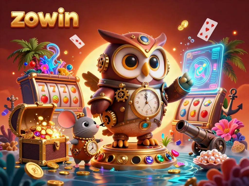 Zowin-themed casino illustration showcasing vibrant characters and iconic gambling elements.