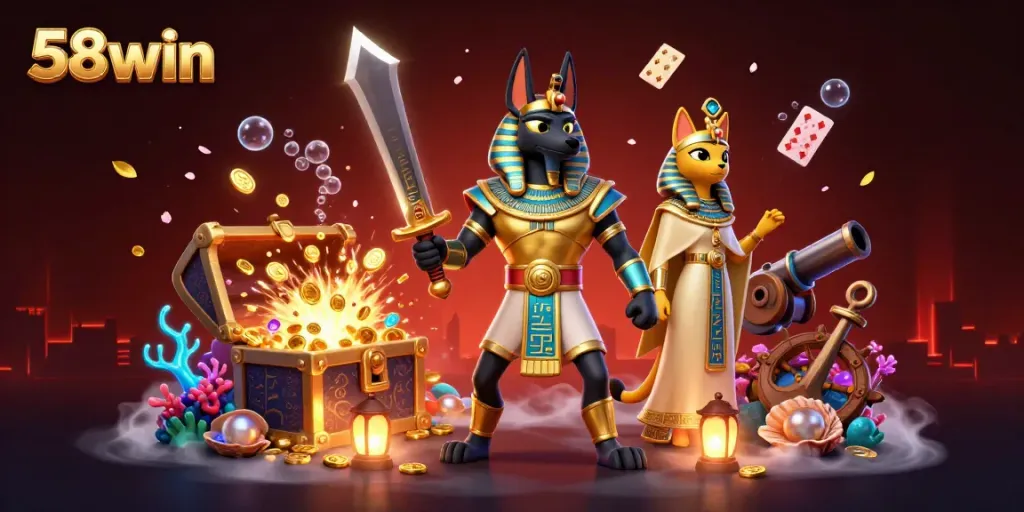 Experience thrilling gameplay adventures with 58win, featuring elaborate Egyptian characters and casino elements.