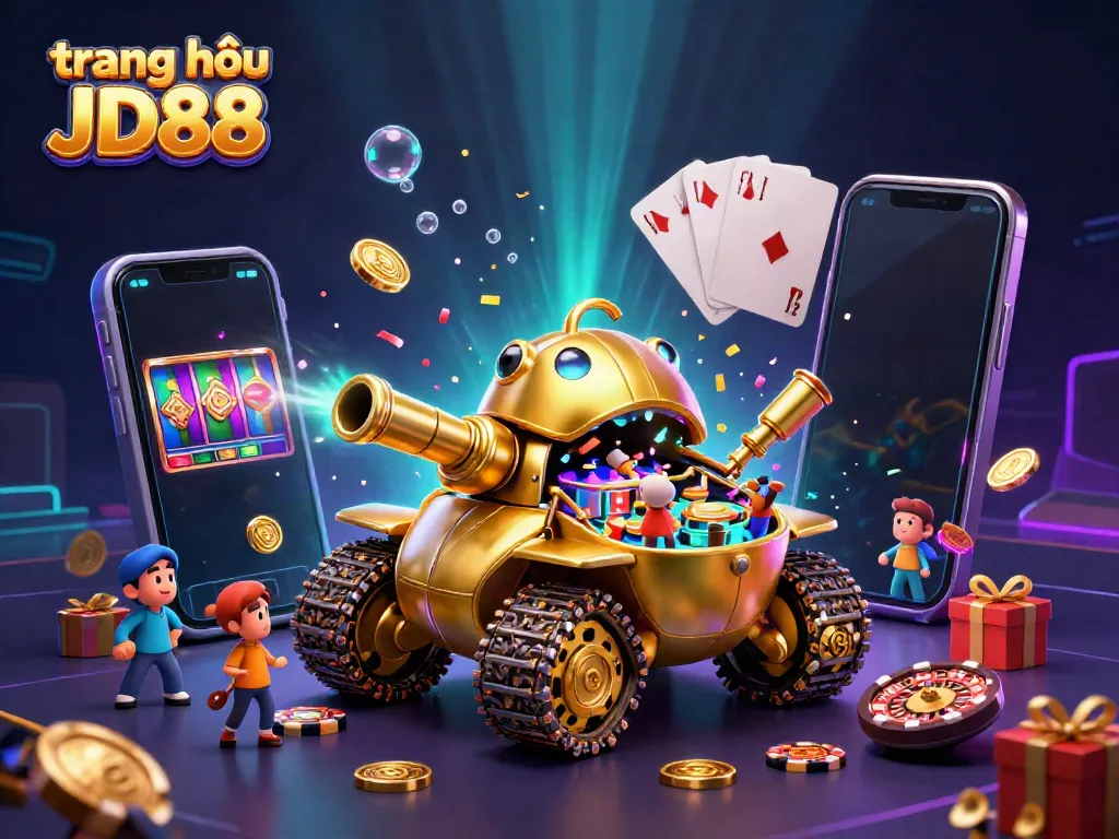 Experience thrilling gaming at trang chủ JD88, showcasing a dynamic casino scene with vibrant characters and games.