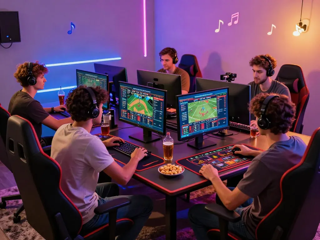 Exciting online gaming scene showcasing Debet net with friends engaging in sports betting and casino games.