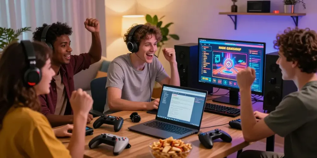 Friends enjoying a lively evening with non gamstop casinos, playing games and sharing snacks.