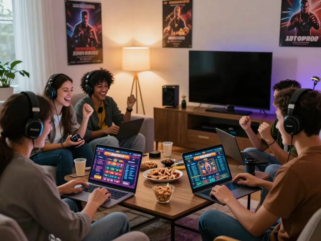 Group of friends enjoying online games at home, engaging with non gamstop casinos.