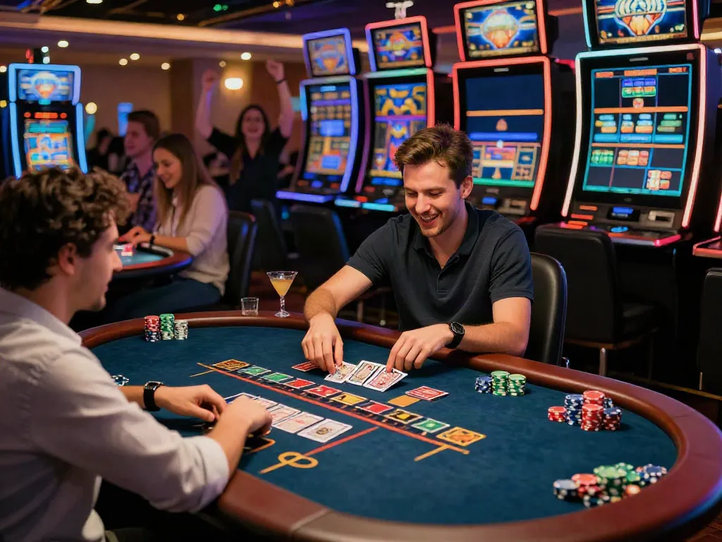 Player enjoying non gamstop casinos surrounded by lively gaming atmosphere.