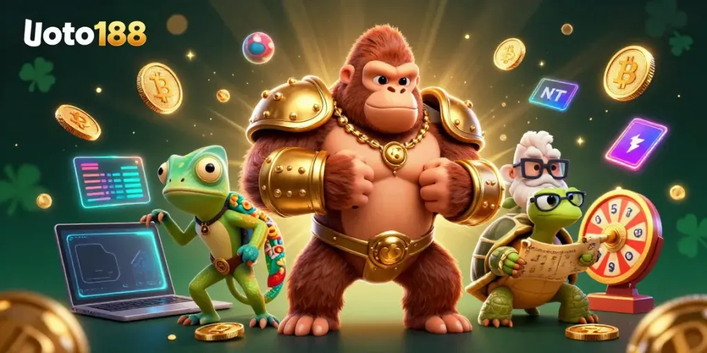 Immerse in loto188's thrilling world with a cartoon gorilla king and dynamic lottery elements.