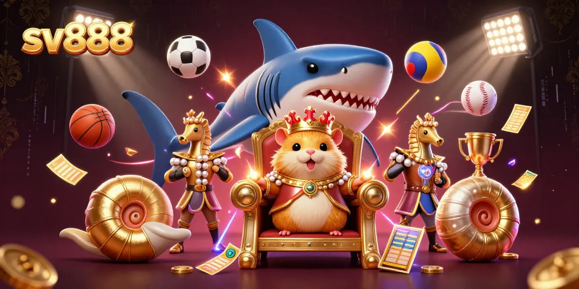 Join the excitement at sv888 with a fierce golden hamster king surrounded by sports elements and stunning visuals.