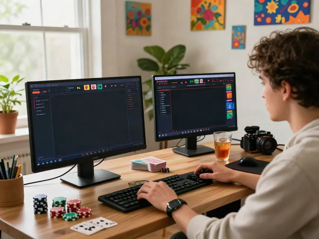 Enjoying non gamstop casinos at a cozy home gaming setup with colorful decorations and accessories.