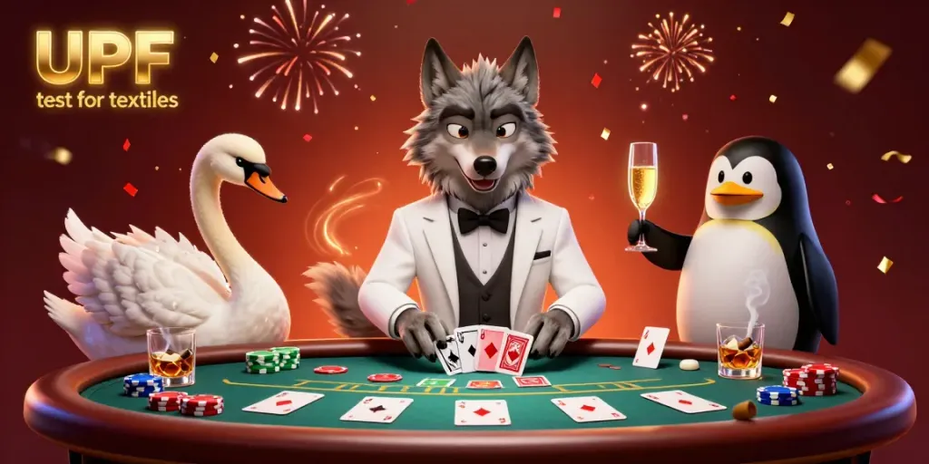 Experience the excitement of the UPF test for textiles in a vibrant casino scene featuring dynamic characters and rich gaming elements.