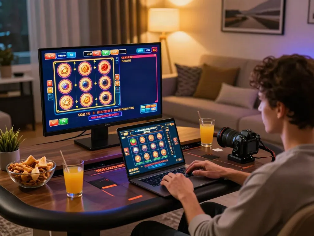 Engaging scene of a person enjoying non GamStop casinos at home with vibrant gaming interface.