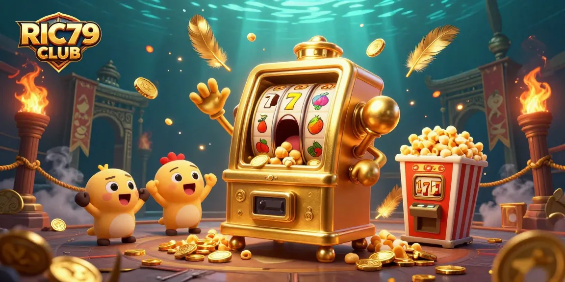 Celebrate the RIC79 CLUB jackpot with a golden slot machine and cheering companions.