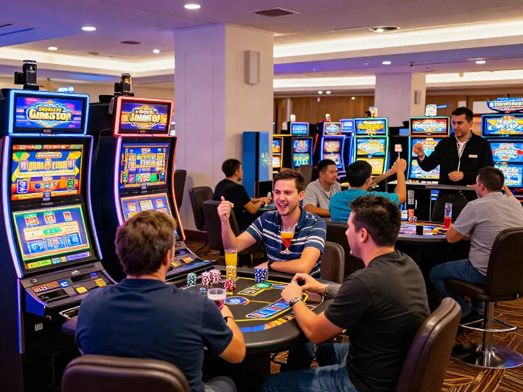 Players immersed in the excitement of non GamStop casinos, enjoying vibrant slot machines and gaming tables.