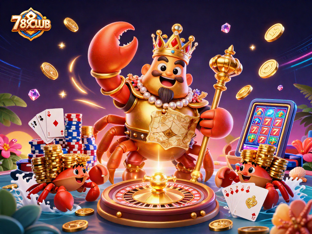 Engage with the thrilling world of 789CLUB featuring a golden crab emperor amidst cascading gems and casino elements.