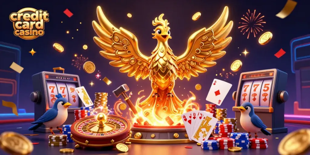 Experience the excitement of credit card casino with dynamic 3D illustrations of games and golden rewards.